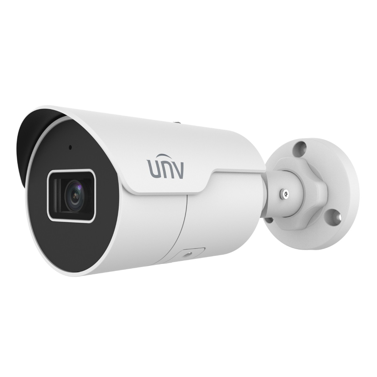 Una telecamera di sicurezza bianca con logo UNV, corpo bianco e ghiera nera.