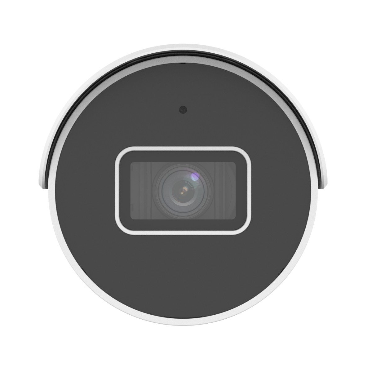 Una telecamera di sicurezza con custodia nera rotonda e obiettivo rettangolare.