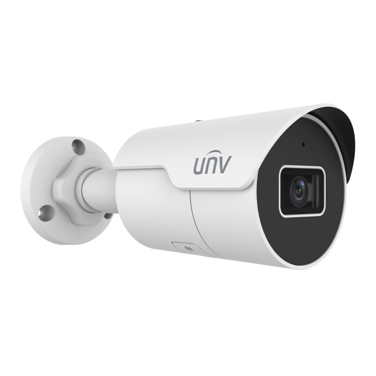 Una telecamera di sicurezza bianca con logo UNV su sfondo bianco.