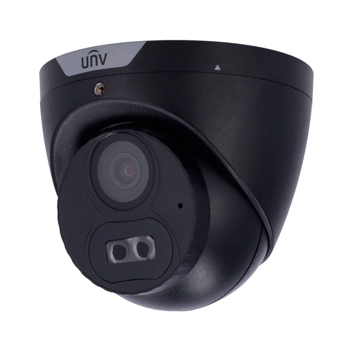 Una telecamera di sicurezza dome UNV nera con obiettivo e illuminatori IR.