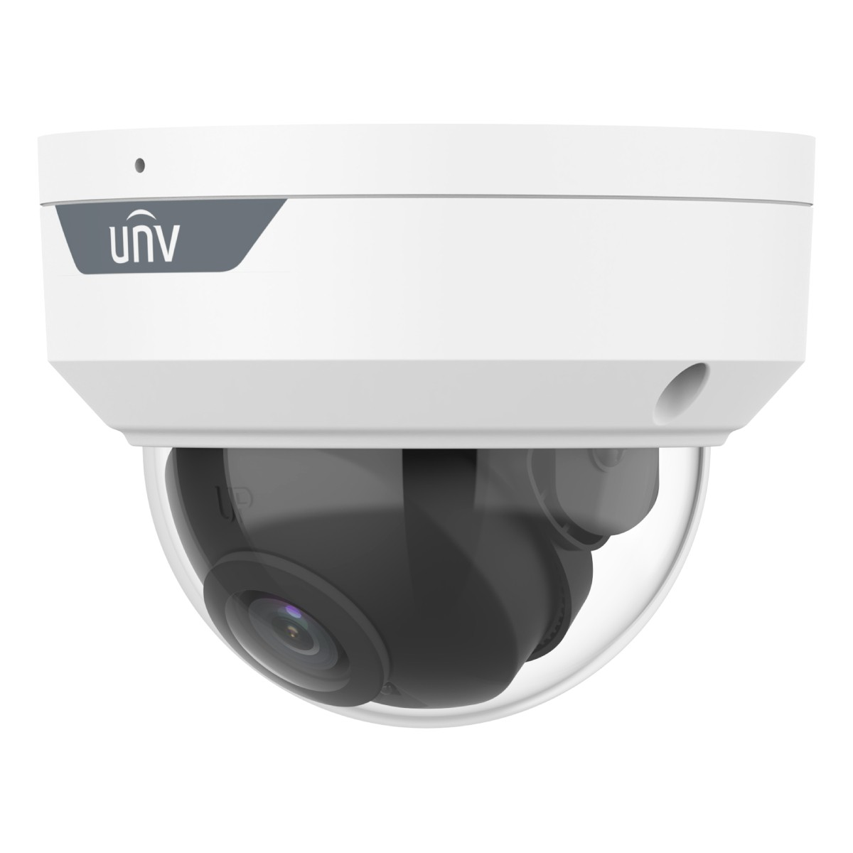 Una telecamera di sicurezza dome bianca con una cupola trasparente che ospita un corpo nero.