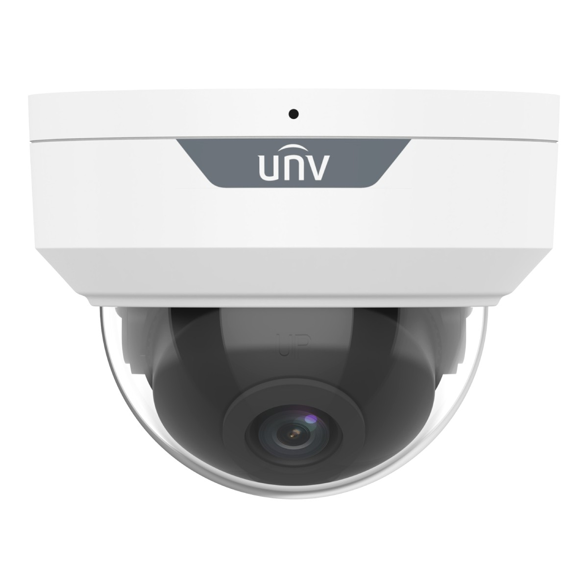 Una telecamera di sicurezza bianca a cupola con il logo UNV.