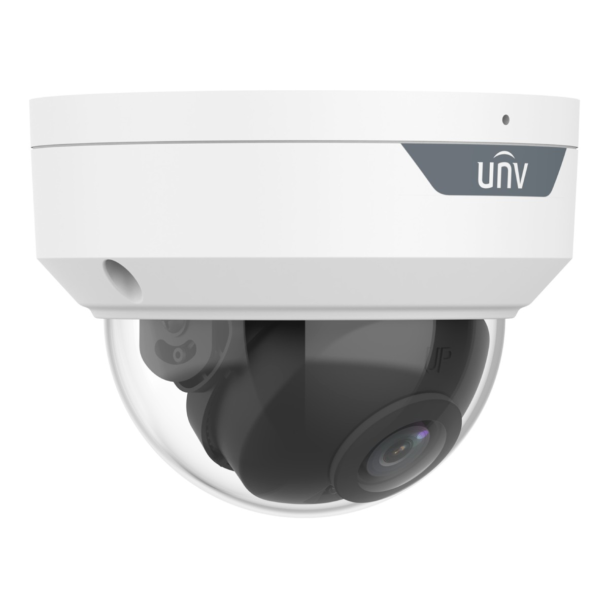 Telecamera di sicurezza bianca a cupola con lente nera e logo UNV.