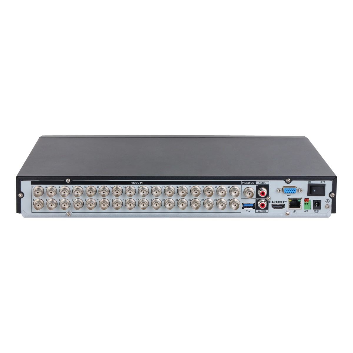 Pannello posteriore di un DVR nero con 32 ingressi video BNC, HDMI, VGA, USB e connettori di alimentazione.
