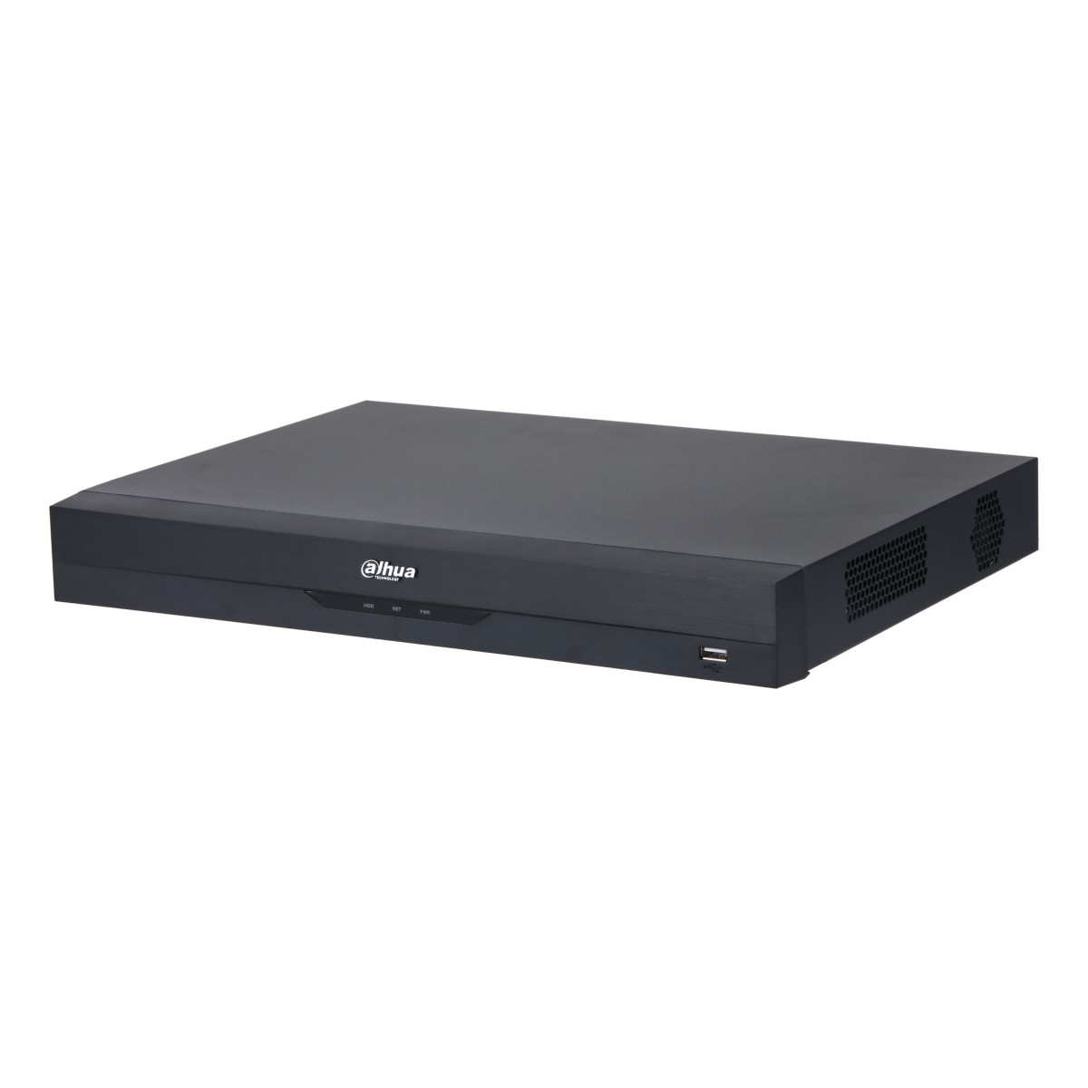 Un registratore DVR nero con fessure di ventilazione e logo frontale.