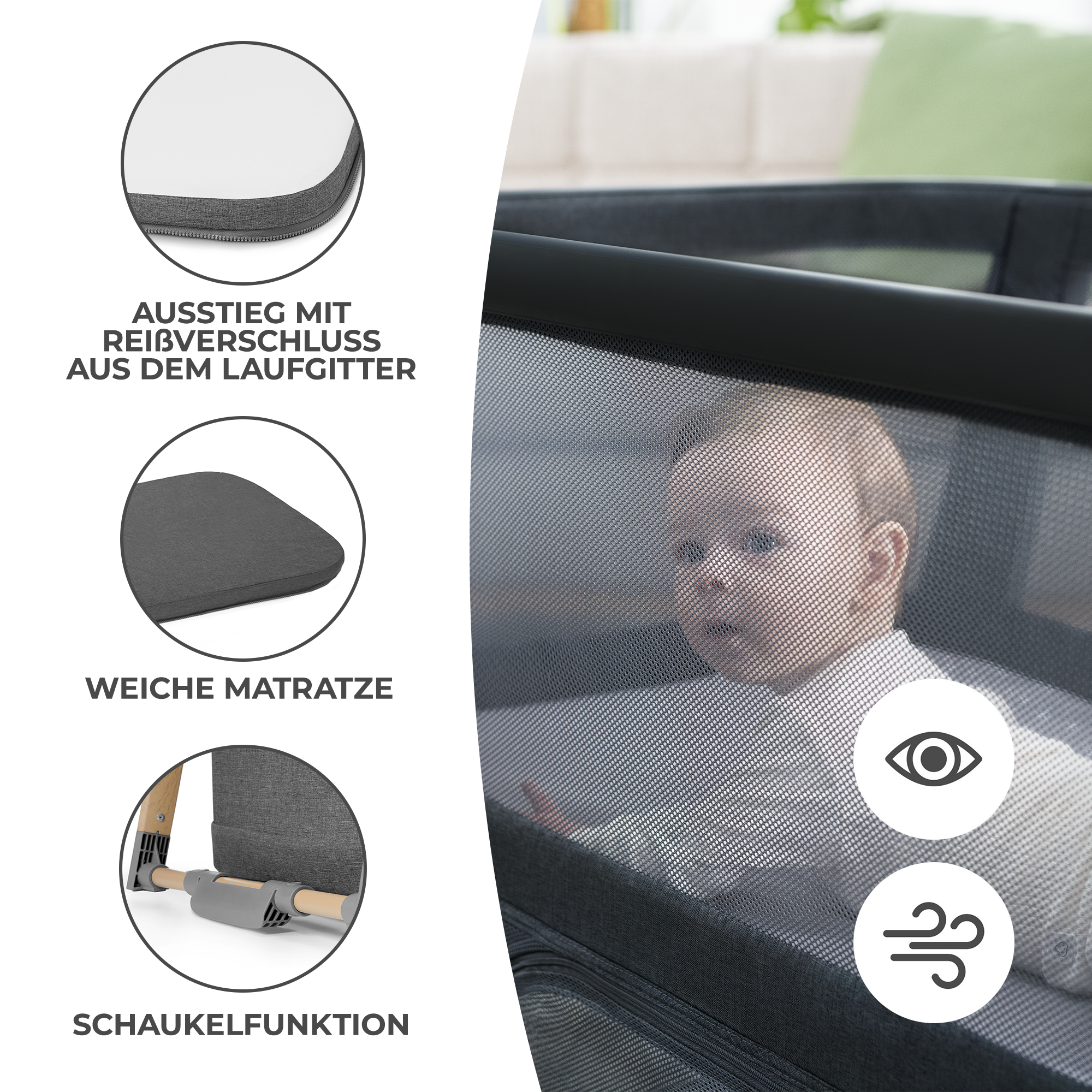 Baby in einem Laufstall mit Netzseiten und Icons für Sicht und Belüftung.