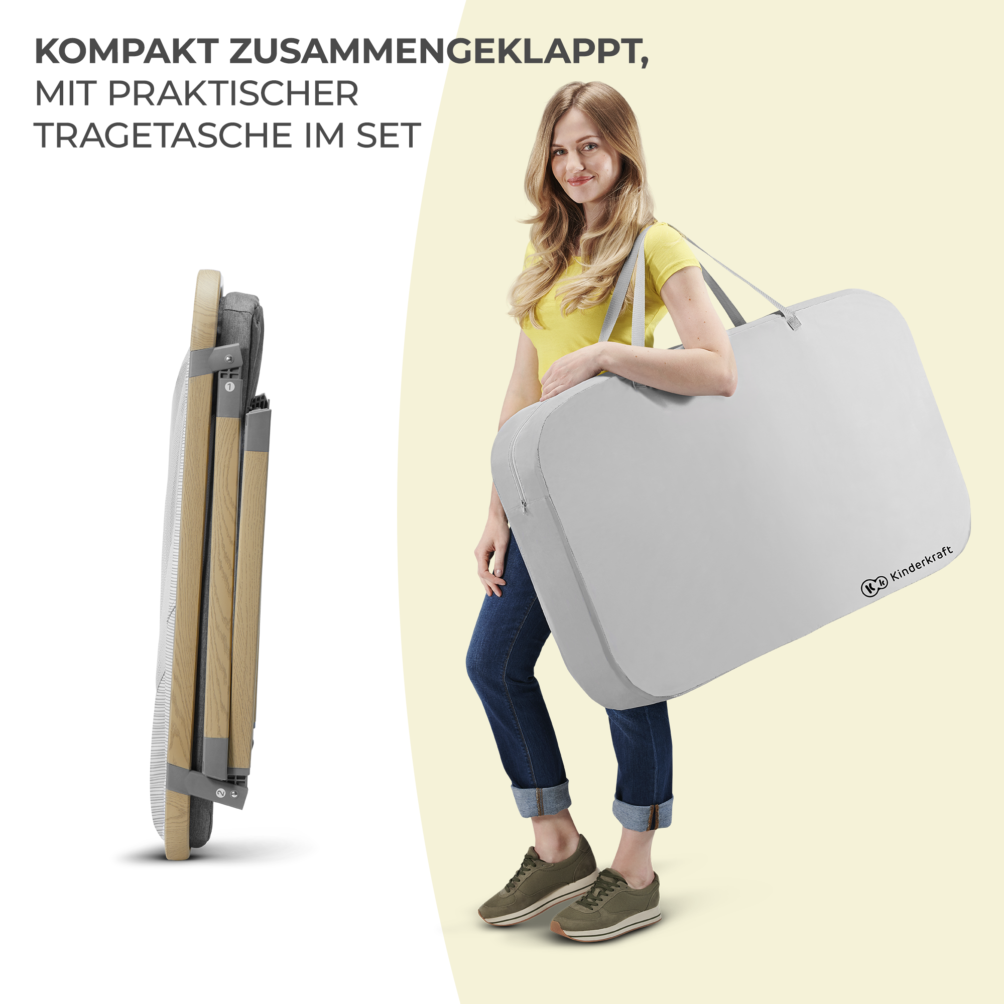 Frau trägt graue Tragetasche mit zusammengeklapptem Kinderwagen.