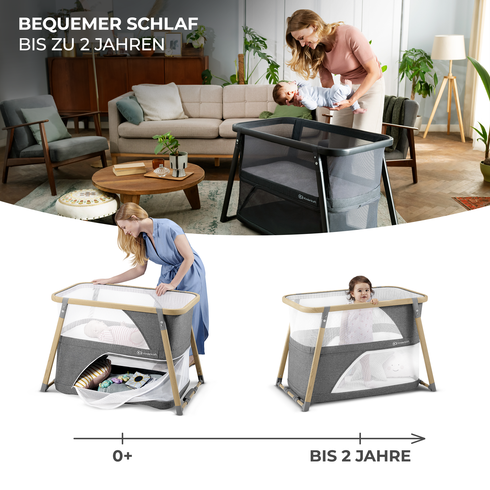 Frau mit Baby und Babybett, Baby im Bett, Baby im Bett mit Spielzeug, Altersanzeige 0+ bis 2 Jahre.