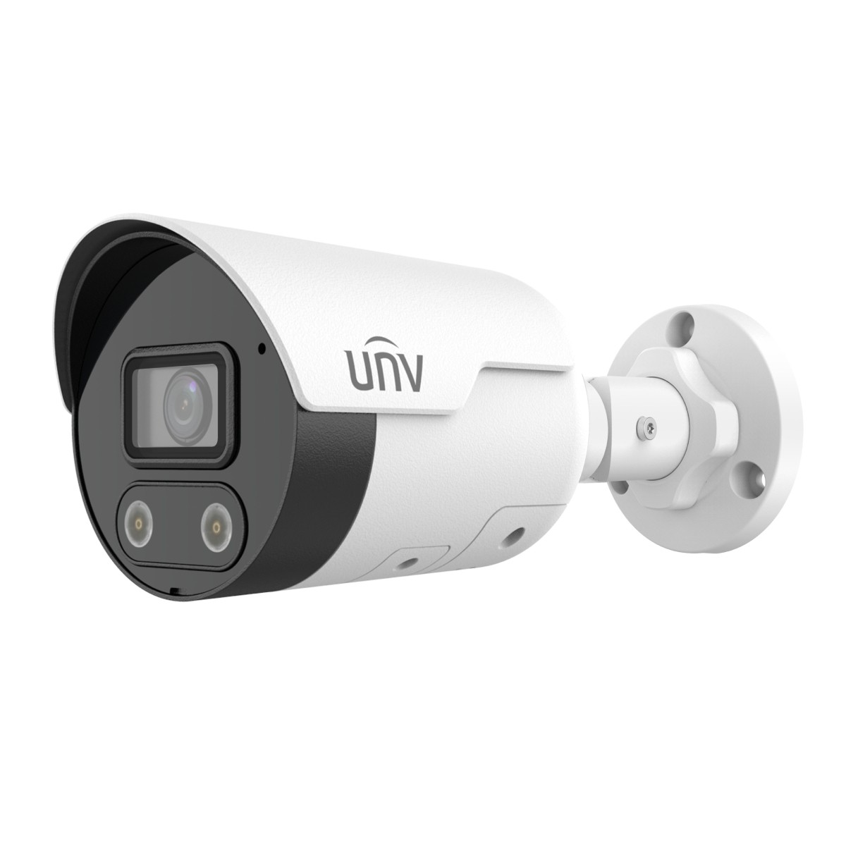 Telecamera di sicurezza UNV bianca con frontale, lente e due luci nere.