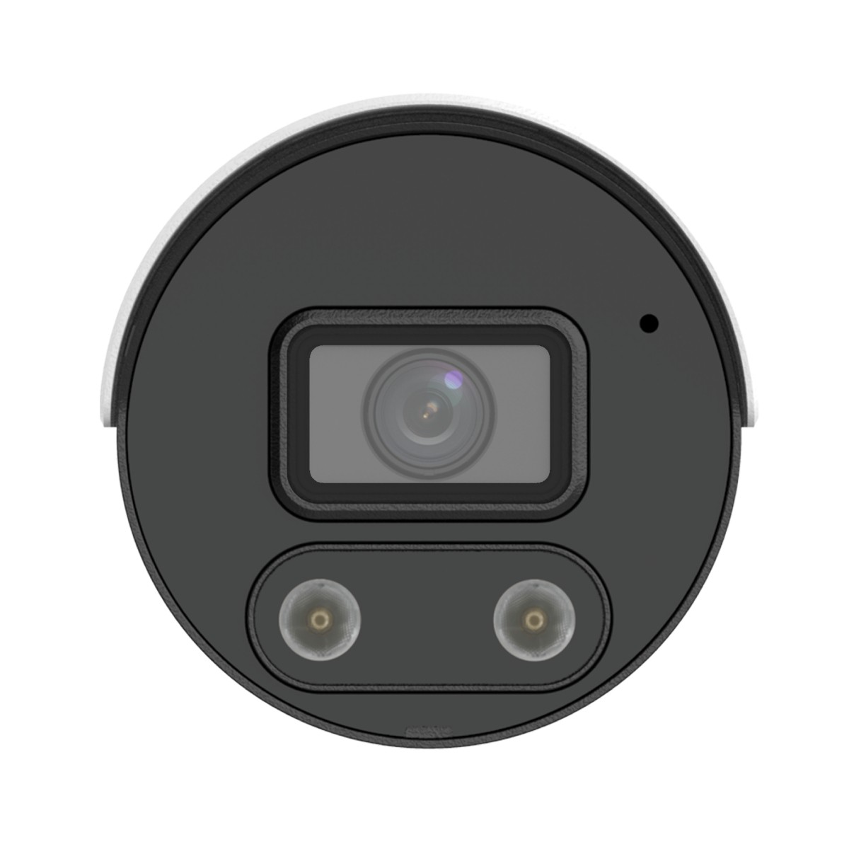 Una telecamera di sicurezza con lente, due luci e un piccolo punto nero.
