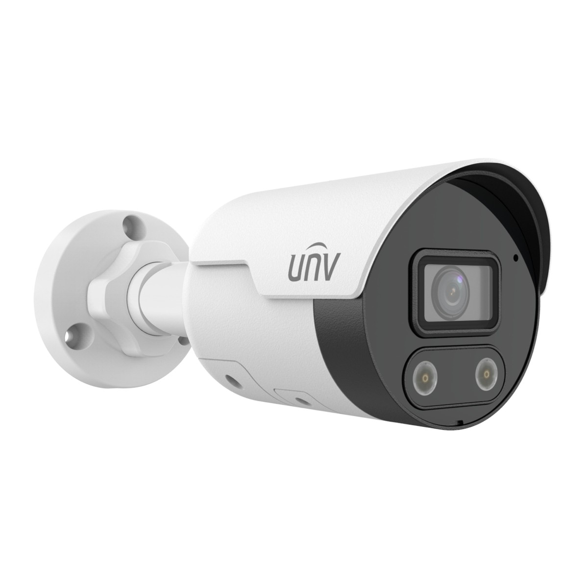 Una telecamera di sicurezza UNV bianca e nera con lente e due piccole luci.