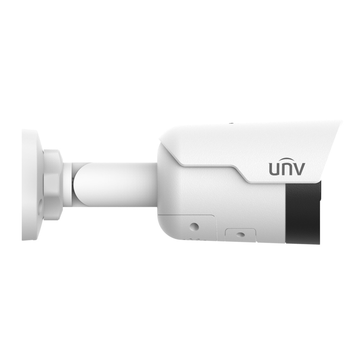 Una telecamera di sorveglianza bianca con logo UNV, su sfondo bianco.