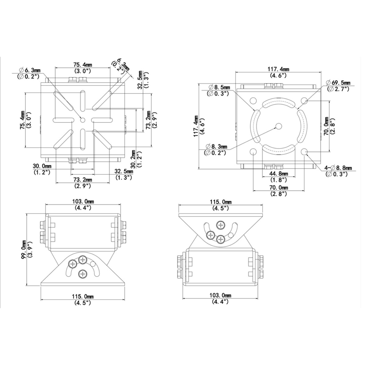 Disegno tecnico di una staffa con dimensioni in mm e pollici.