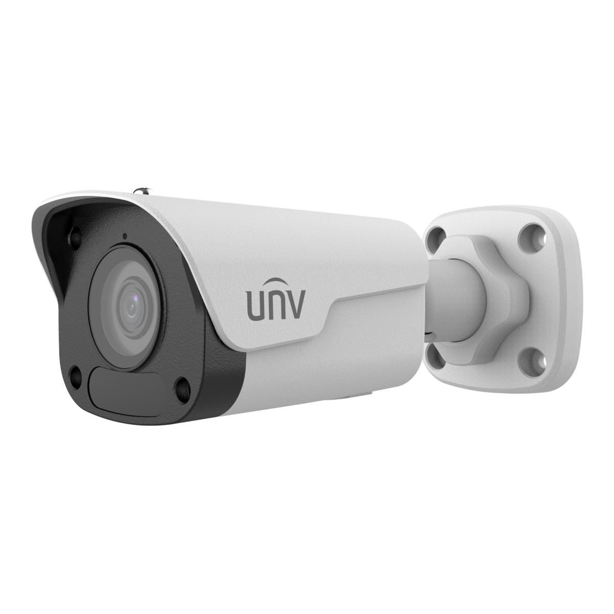 Una telecamera di sicurezza UNV bianca e nera con lente e staffa di montaggio.