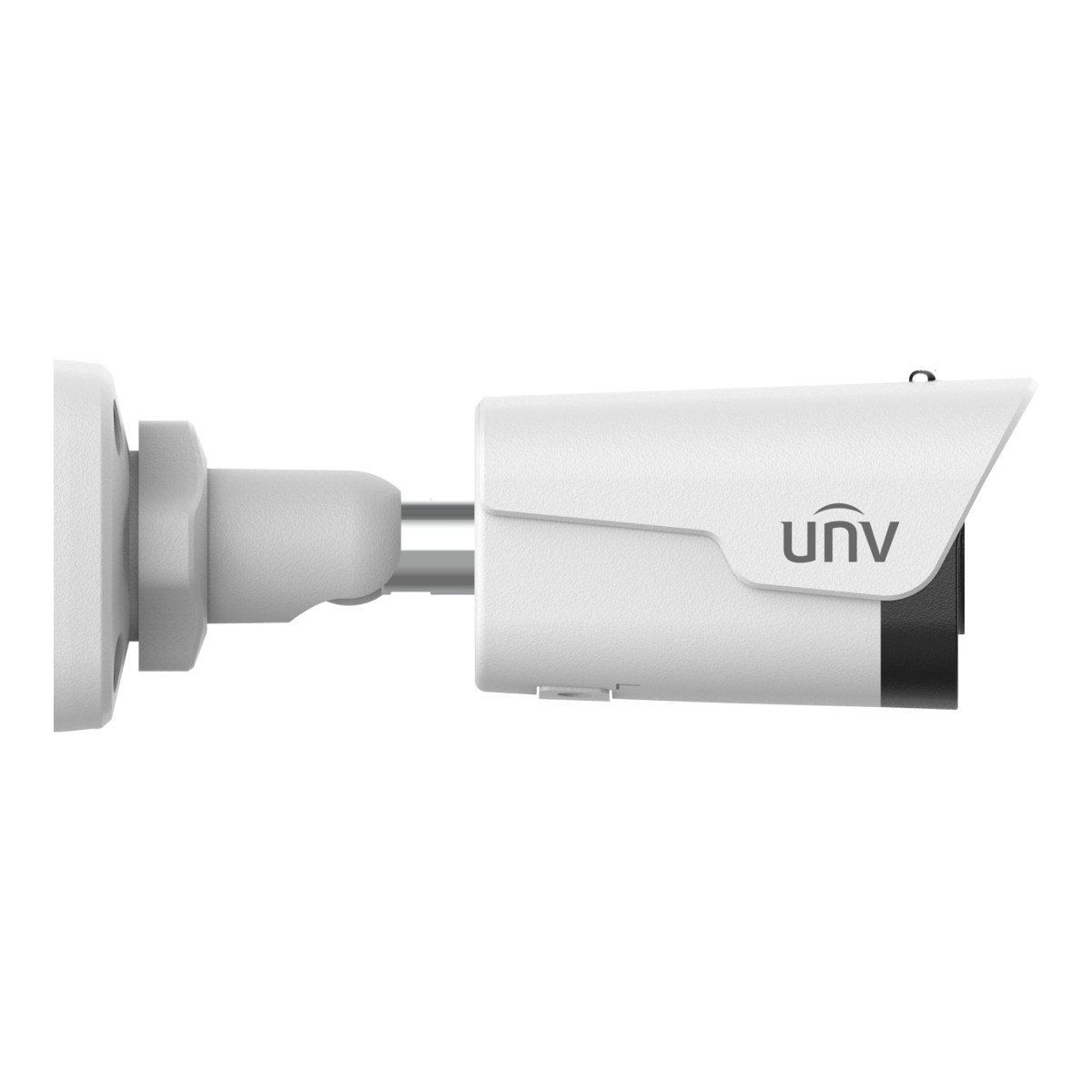 Telecamera di sicurezza bianca con logo UNV, montata su braccio metallico.