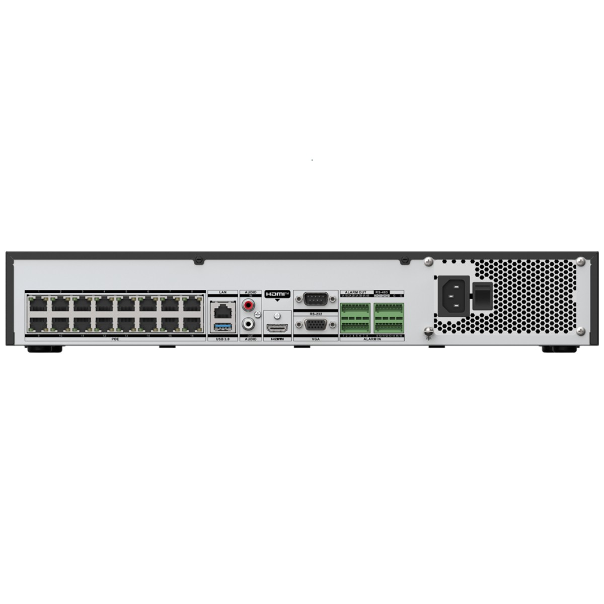 Retro di un NVR con 16 porte PoE, LAN, USB, HDMI, VGA, RS-232, RS-485 e connessioni di allarme.