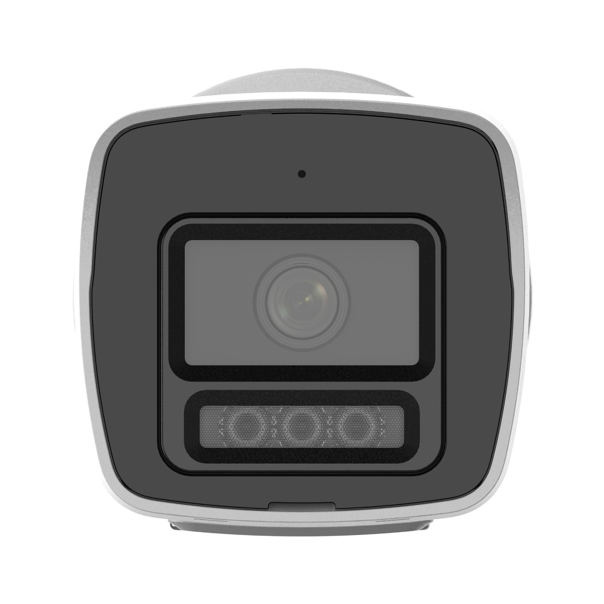 Una telecamera di sicurezza bianca con piastra frontale, obiettivo e LED IR grigio scuro.