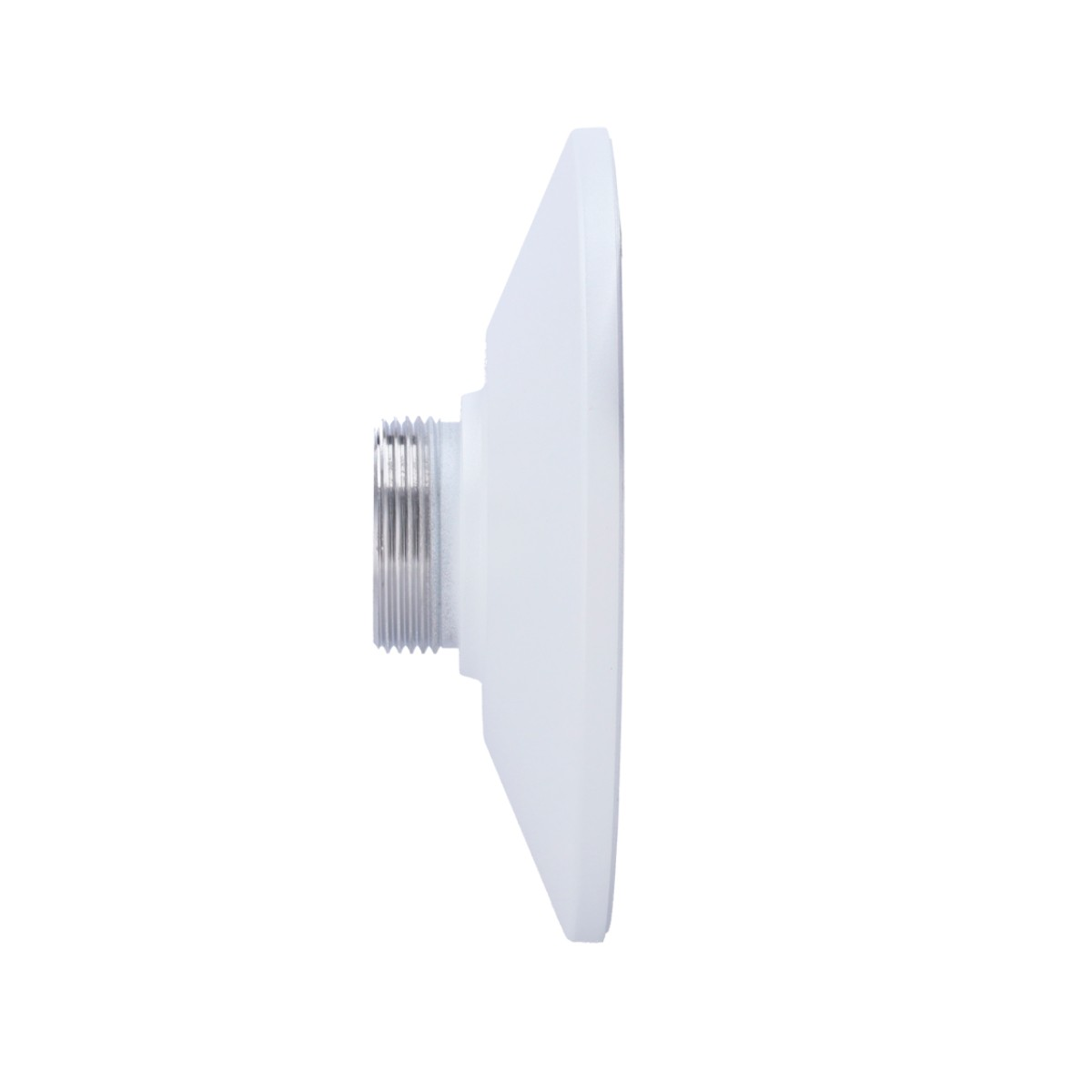 Un oggetto bianco e rotondo con un connettore filettato metallico.