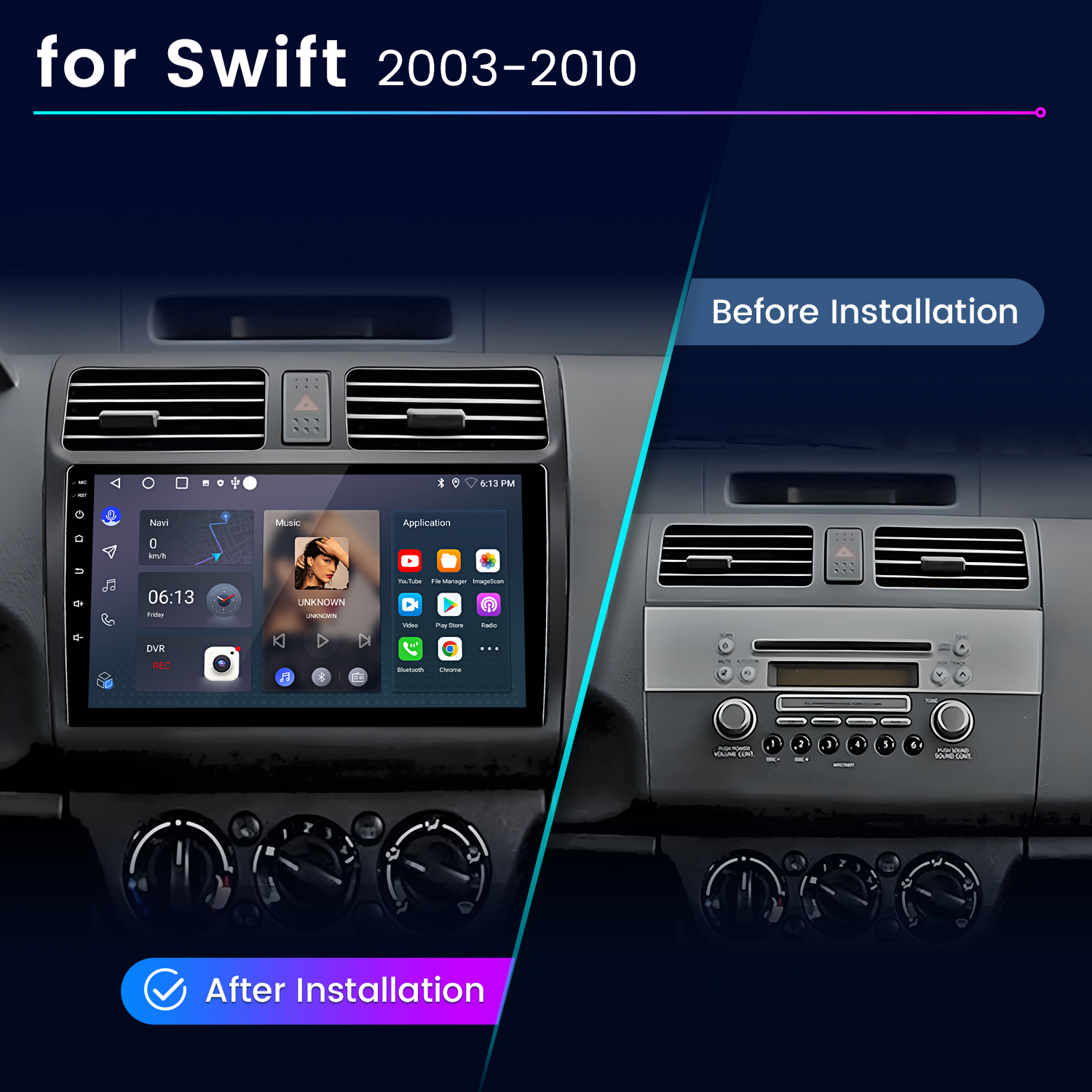 Porównanie wnętrza samochodu Swift przed i po, pokazujące stare radio i nowy system dotykowy.