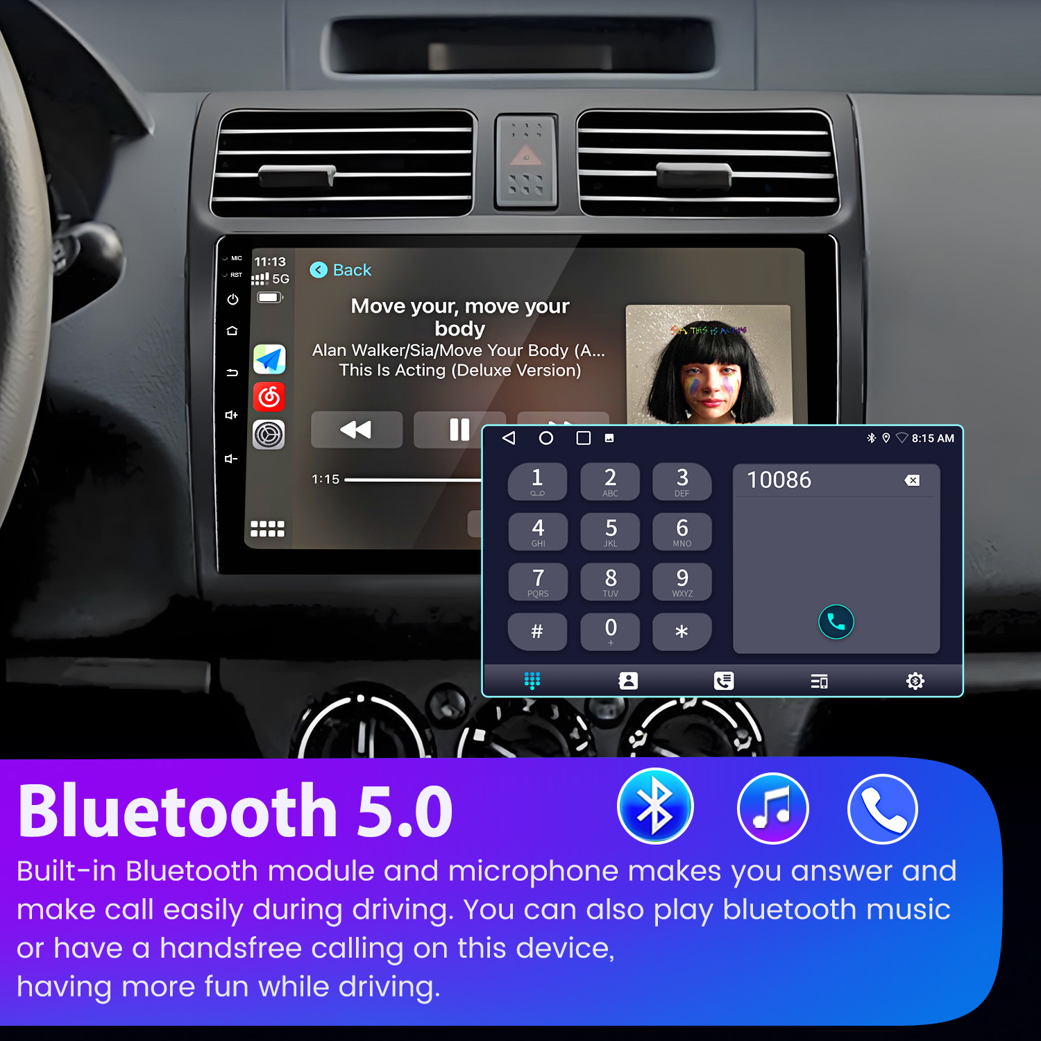 Ekran radia samochodowego pokazuje odtwarzanie muzyki, klawiaturę numeryczną i ikonę Bluetooth.