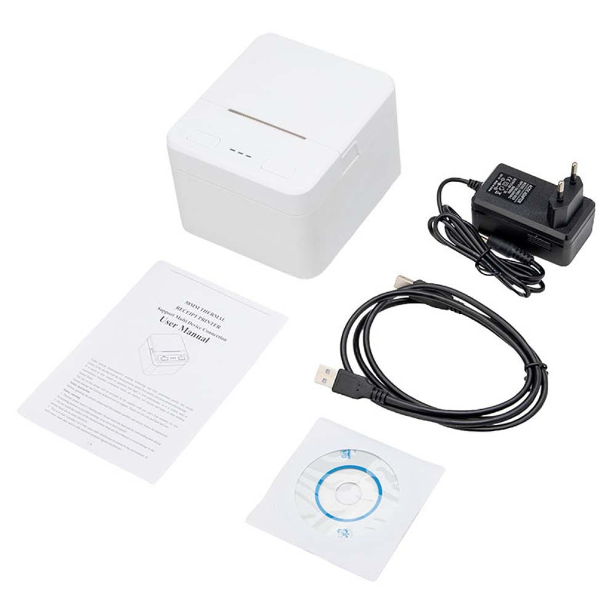 Biała drukarka termiczna z zasilaczem, kablem USB, instrukcją i płytą CD.