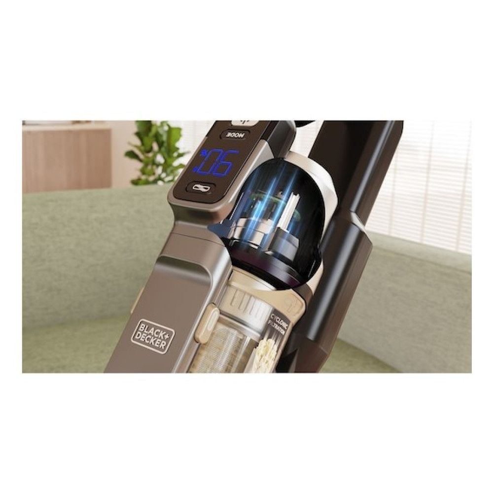 Odkurzacz Black+Decker z cyfrowym wyświetlaczem pokazującym 06. Widoczna filtracja cyklonowa.