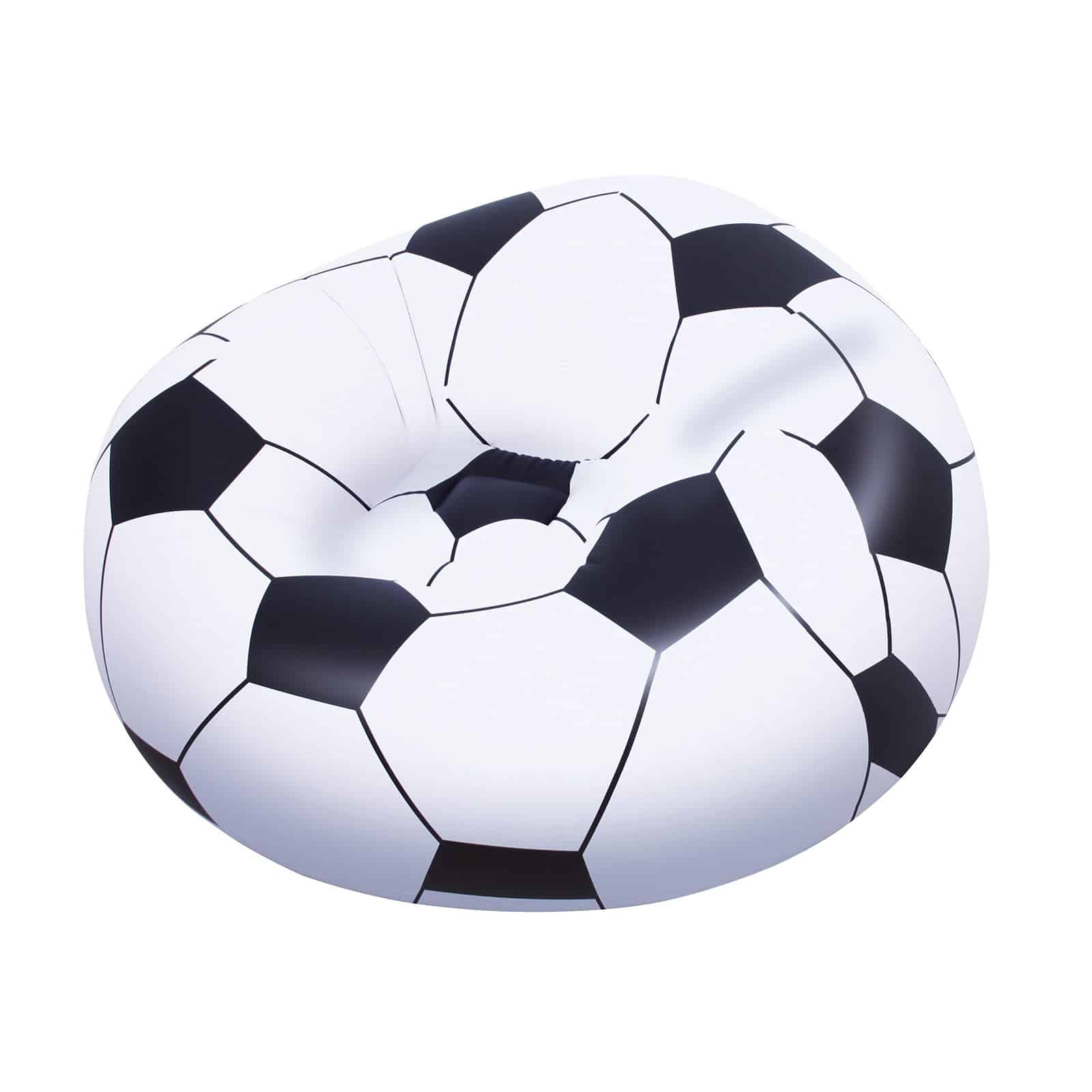 Ein aufblasbarer Sessel in Form eines Fußballs auf weißem Hintergrund.