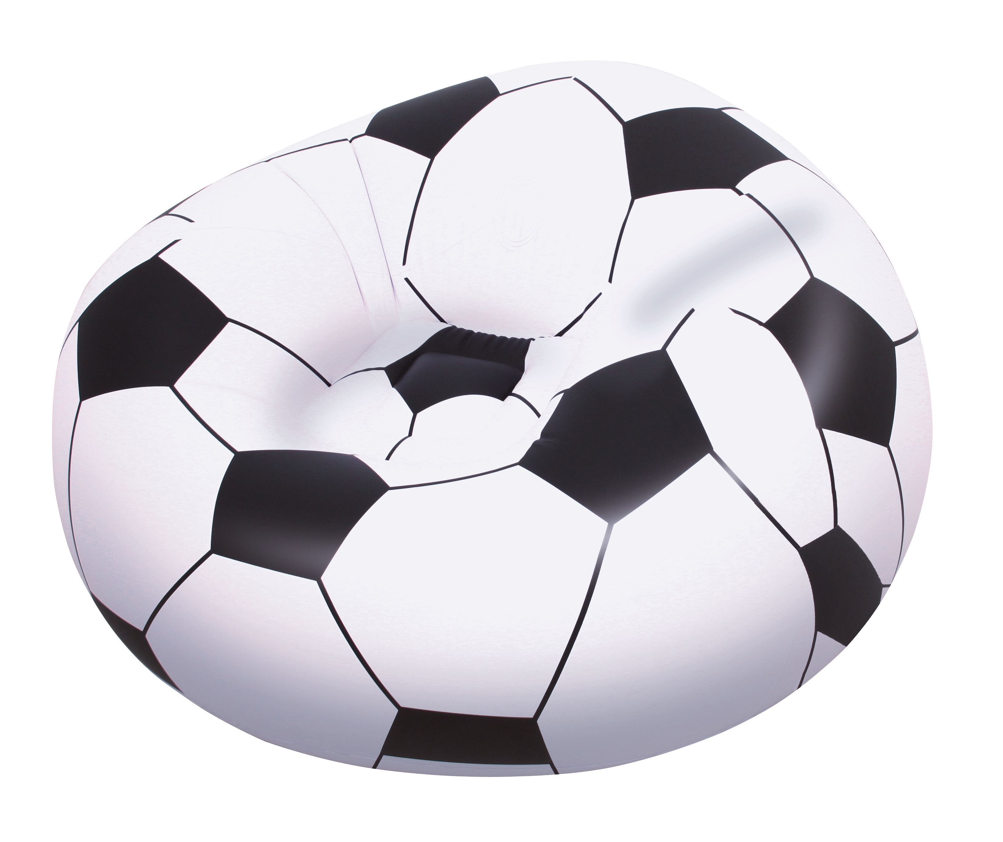 Aufblasbare weiße und schwarze Fußball-Sitzsack auf weißem Hintergrund.