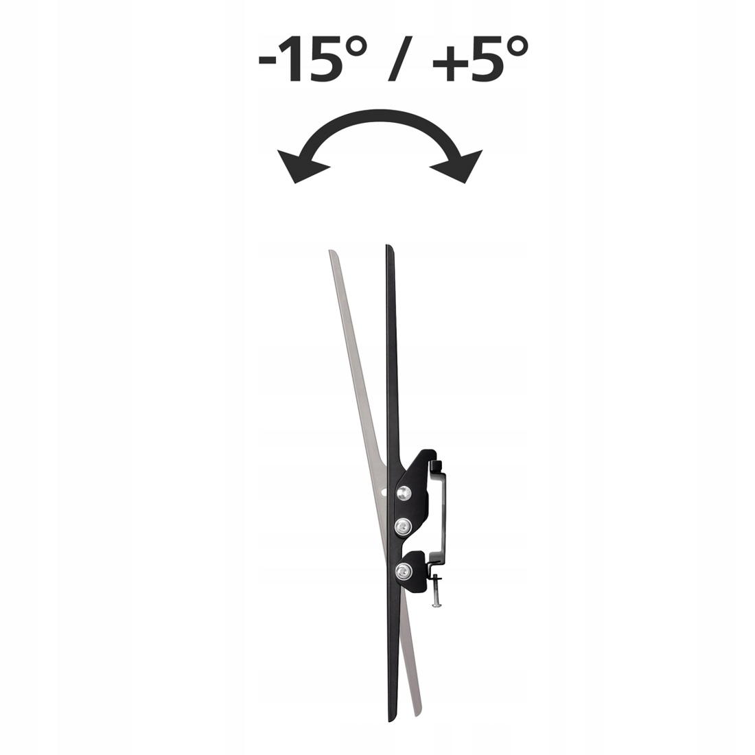 Nachylenie od -15° do +5° z czarnym ramieniem uchwytu TV.