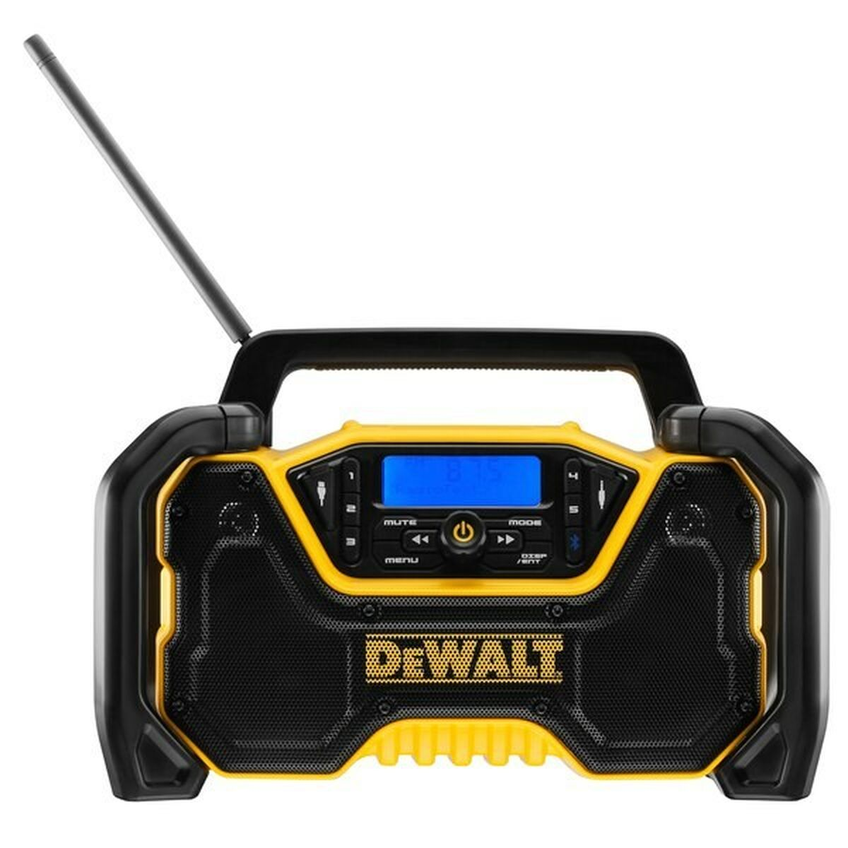 Ein gelb-schwarzer DeWalt-Arbeitsradio mit Antenne und Display.