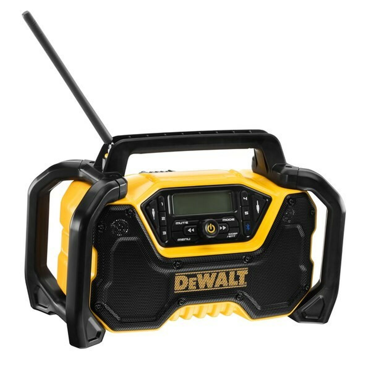 Ein gelber und schwarzer DeWalt-Radio mit Antenne und Griff.