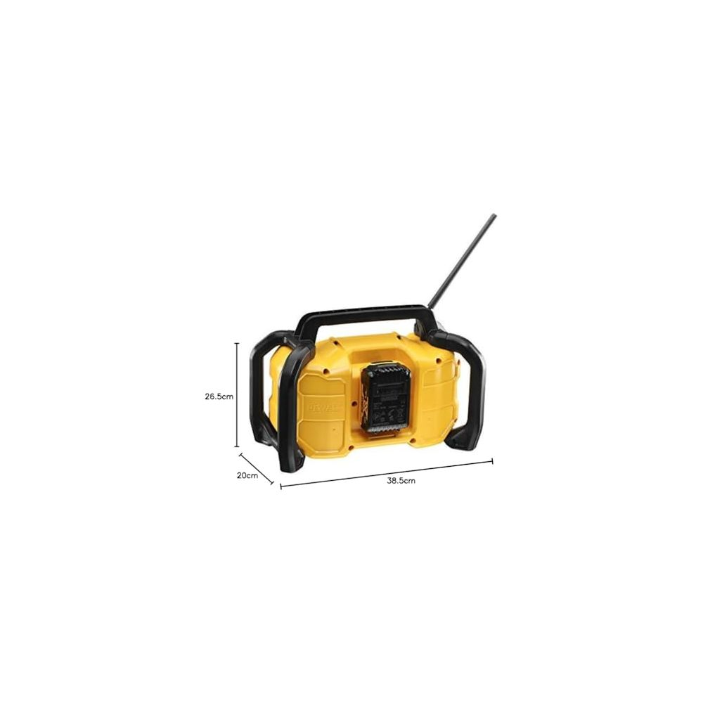 Gelber kabelloser Werkstattradio mit schwarzem Griff und Antenne.