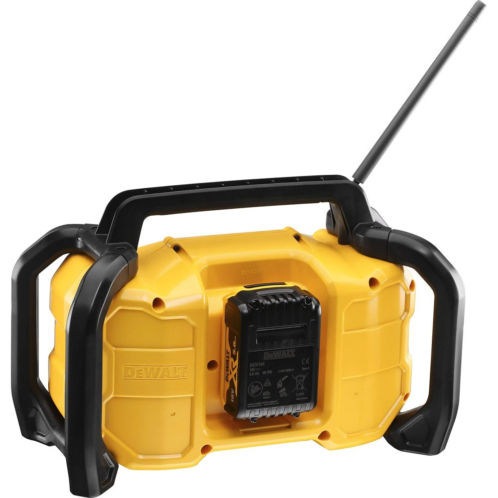 Gelber DeWalt Radio mit schwarzem Griff und Antenne, seitlich.