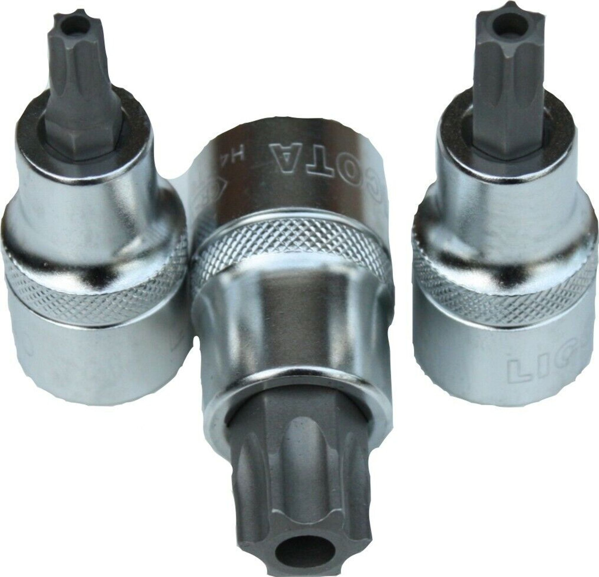 Tre bussole Torx di diverse dimensioni su sfondo bianco.