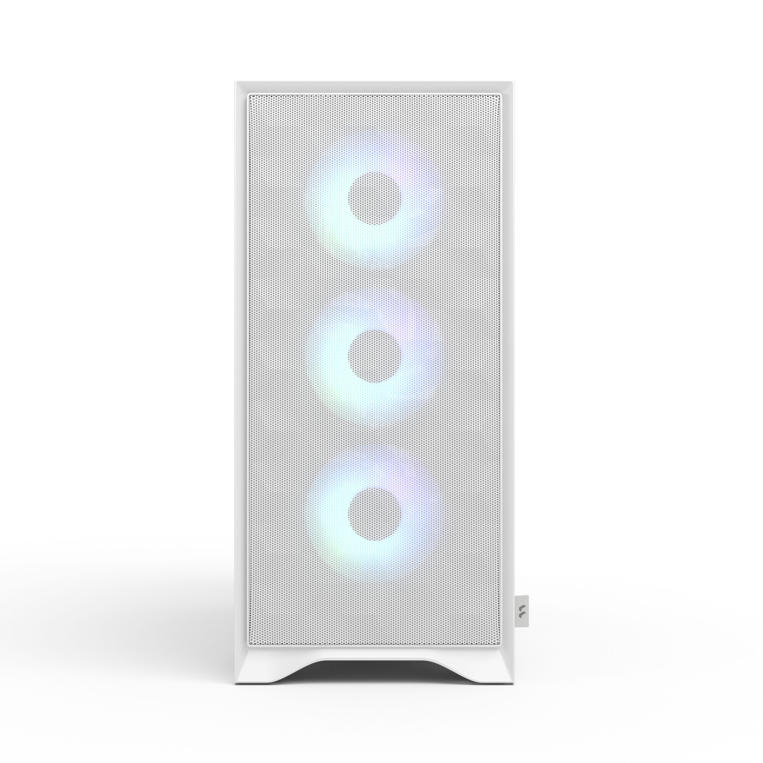 Un case per PC bianco con tre ventole RGB che brillano attraverso la griglia anteriore.