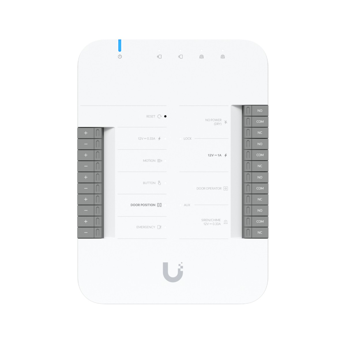 Un pannello di controllo bianco con molti terminali ed etichette come RESET, LOCK e MOTION.