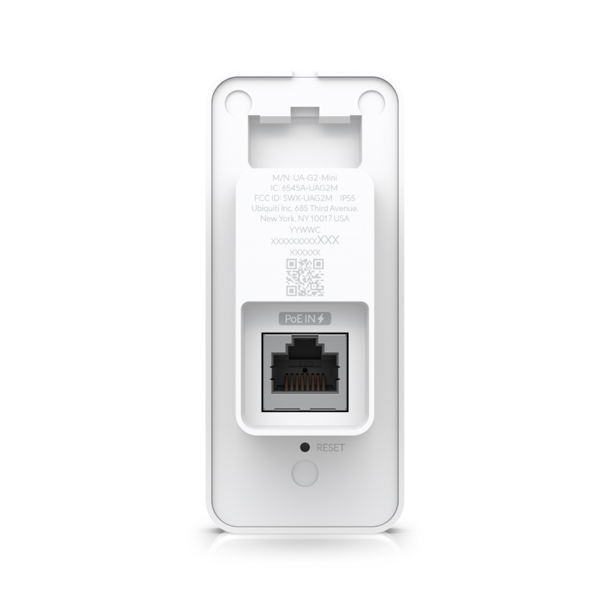 Dispositivo bianco con porta PoE IN, pulsante di reset ed etichetta informazioni prodotto.