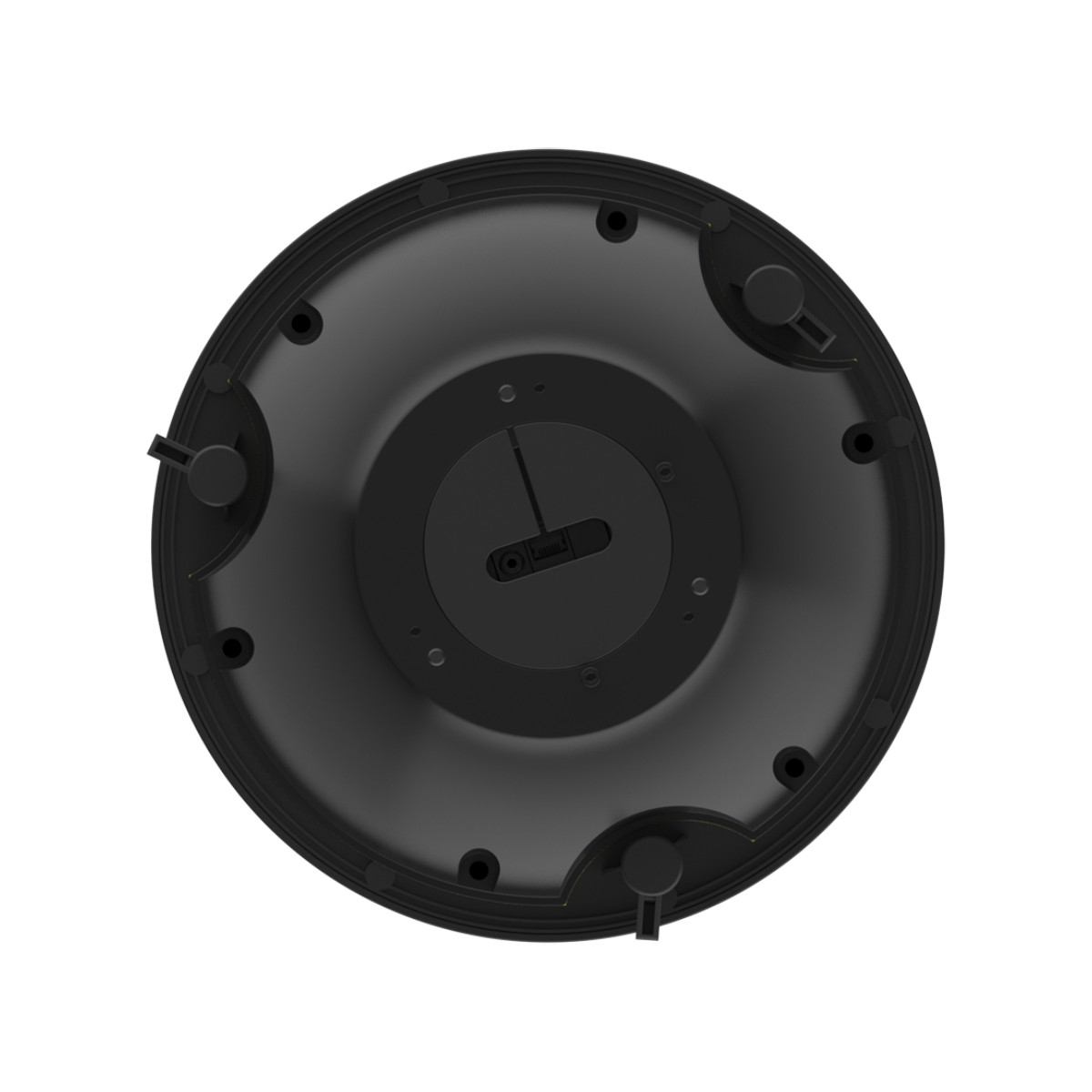 Parte inferiore di un dispositivo nero con scanalature e quattro pioli.