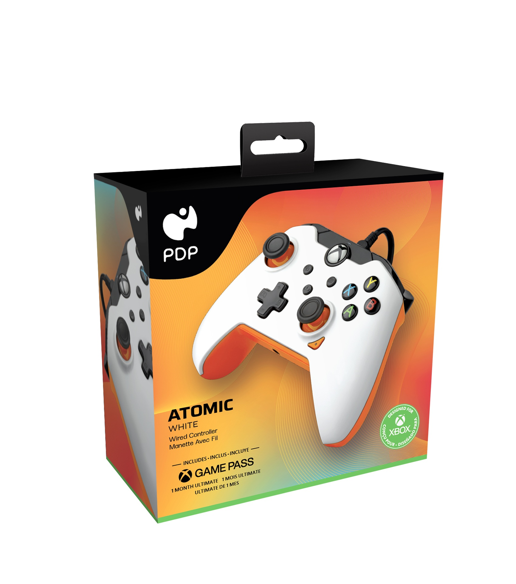 Weiße PDP Atomic XBox-Controller-Verpackung mit orangefarbenen Akzenten.