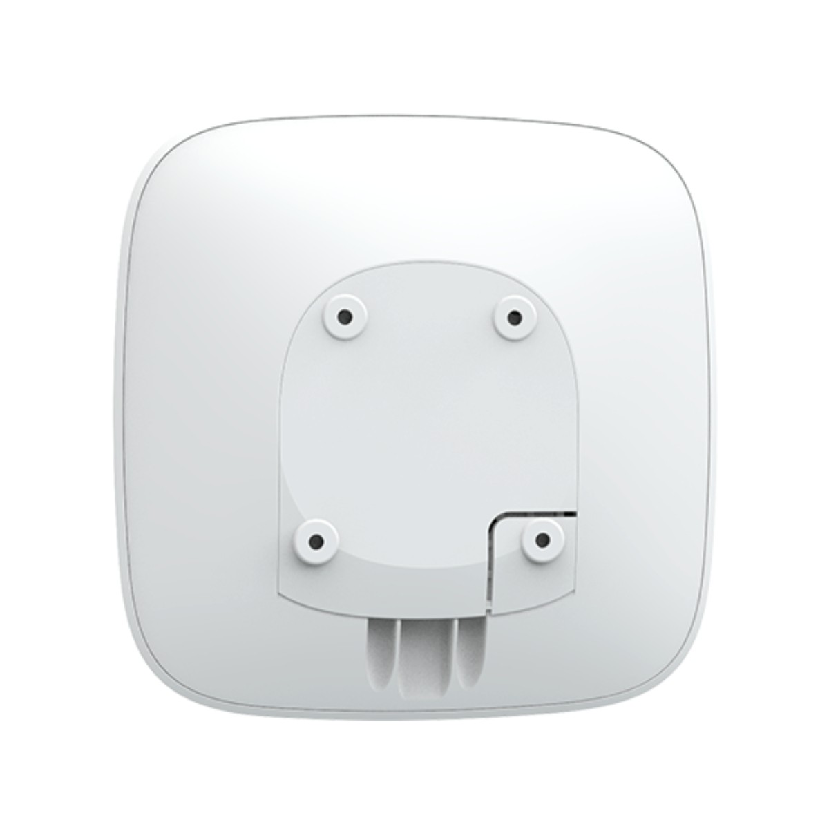 Retro di un dispositivo bianco e quadrato con punti di montaggio e gestione cavi.
