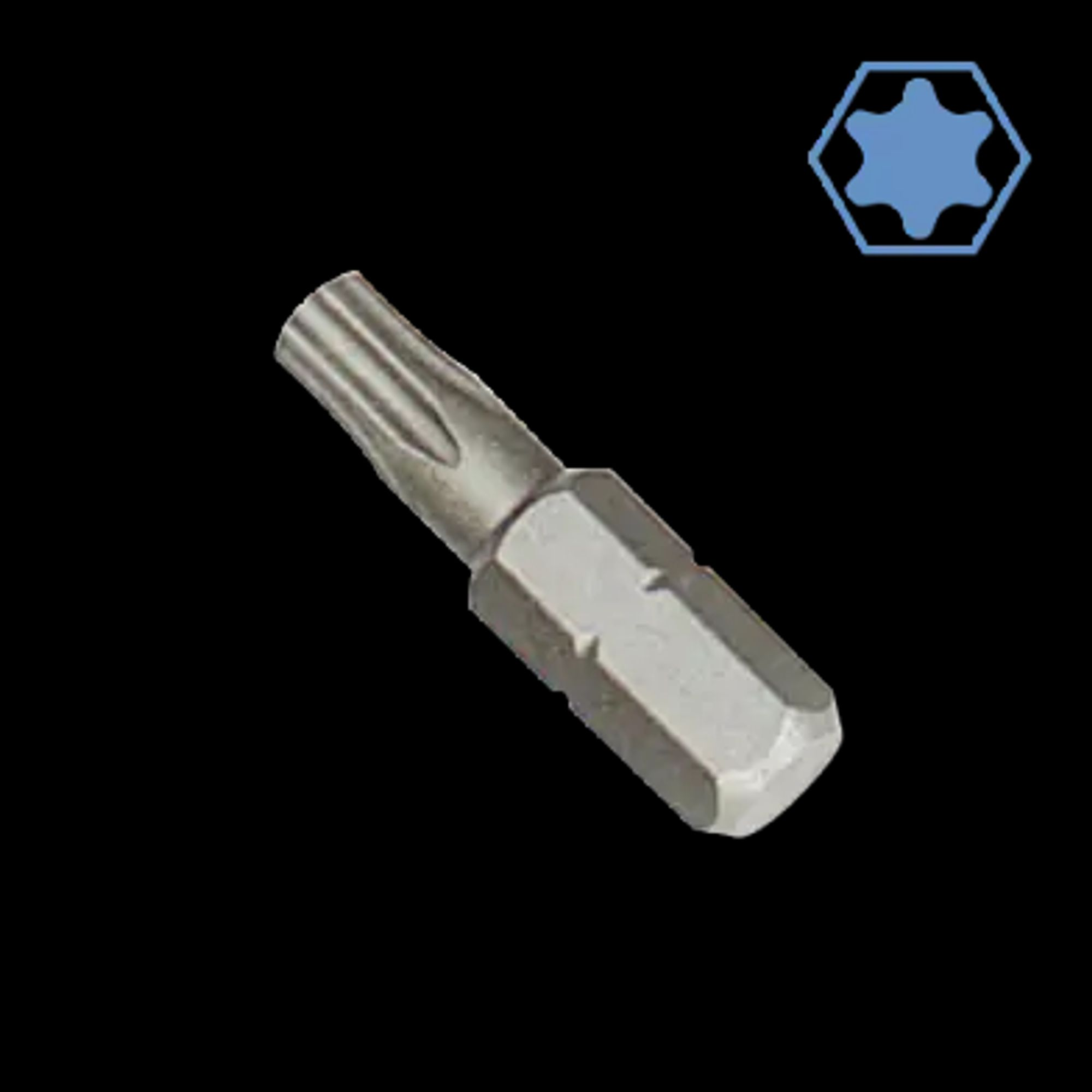 Una punta per cacciavite Torx in metallo su sfondo nero.