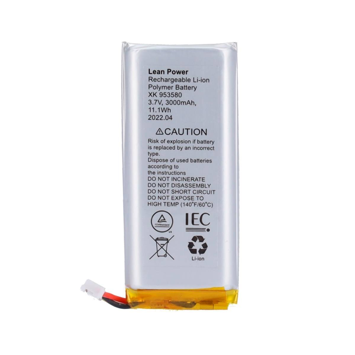 Un sottile pacco batteria in polimero Li-ion bianco con etichette di avvertenza.