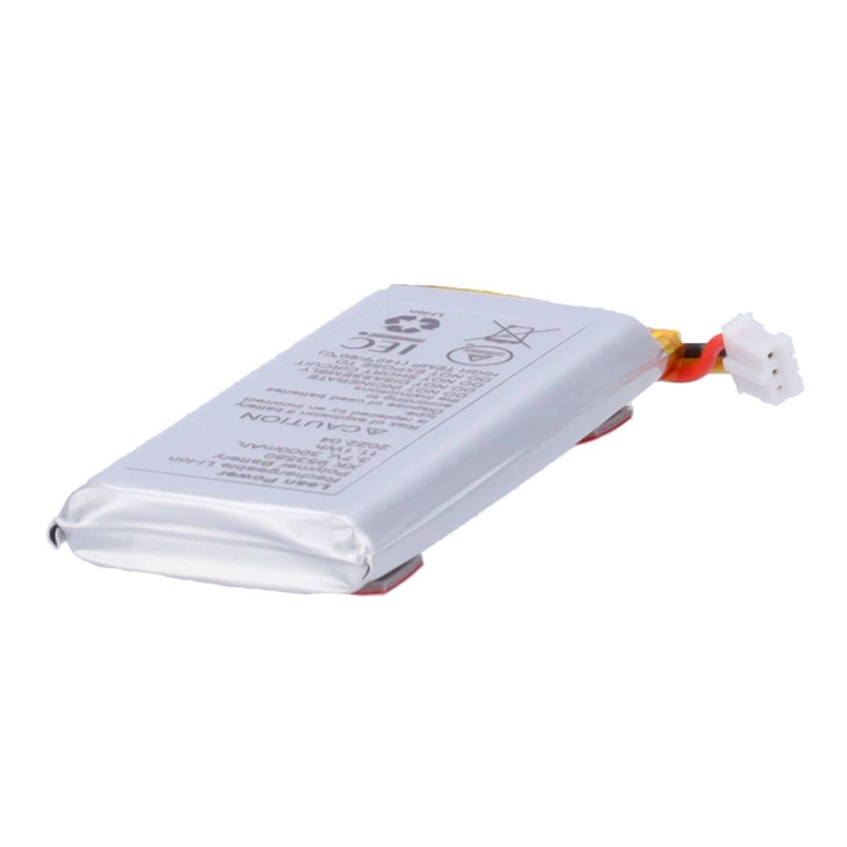Un pacco batteria ricaricabile Li-ion bianco e argento con fili e connettore.