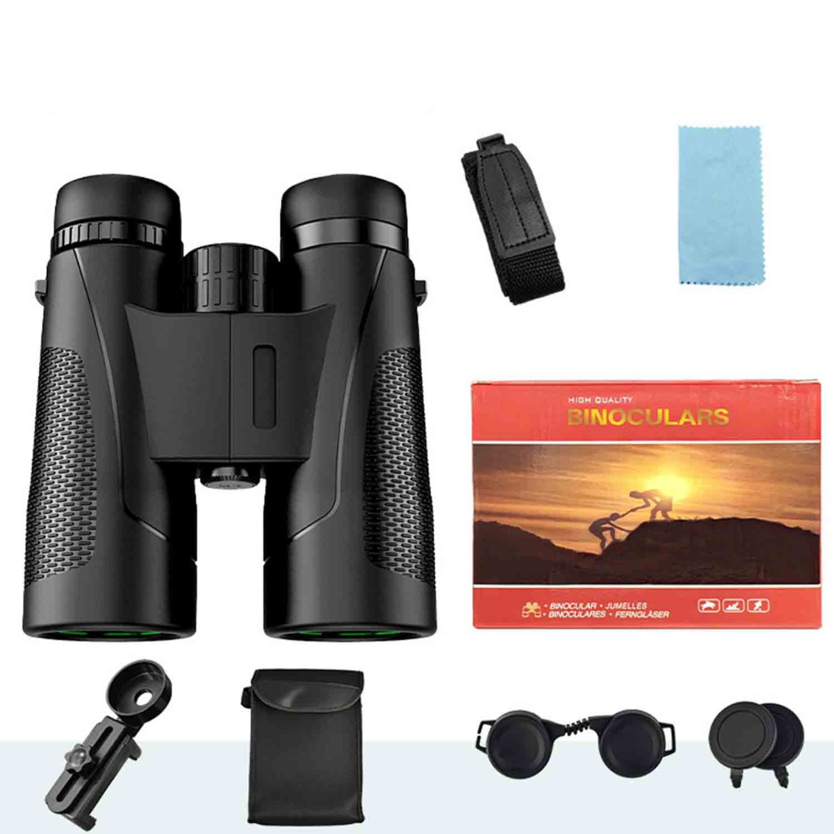 Binocolo nero con accessori: cinghia, panno, custodia, copriobiettivi e scatola.