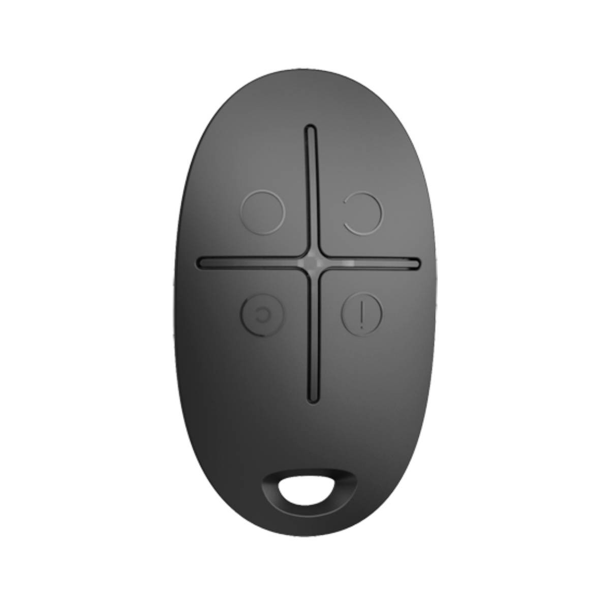Un pulsante del telecomando ovale e scuro con quattro pulsanti circolari e una fessura.