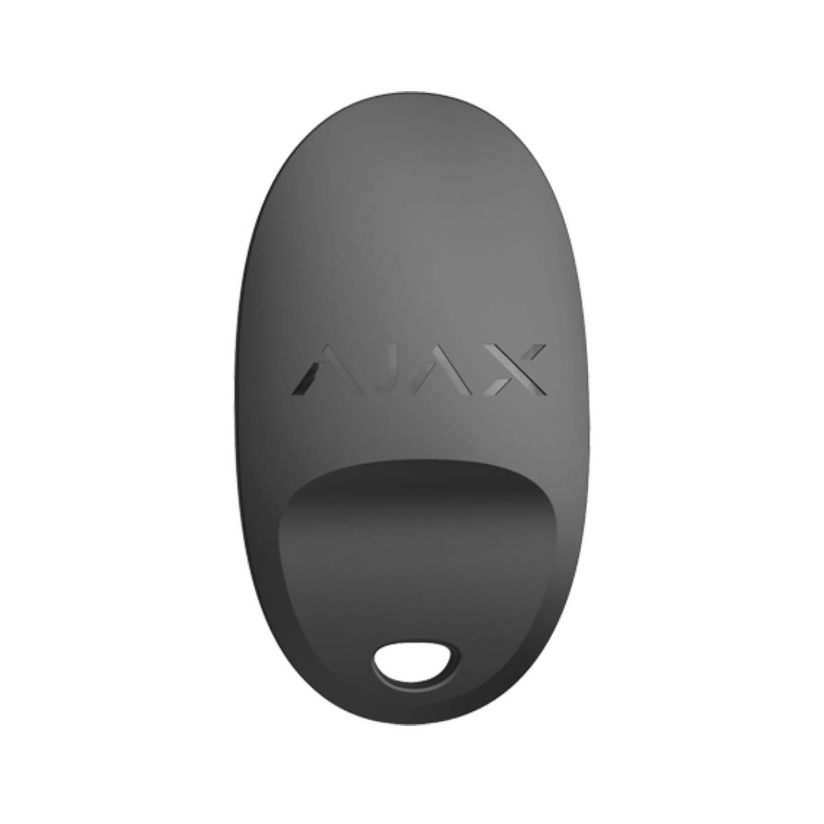 Un portachiavi ovale grigio con logo AJX e foro.