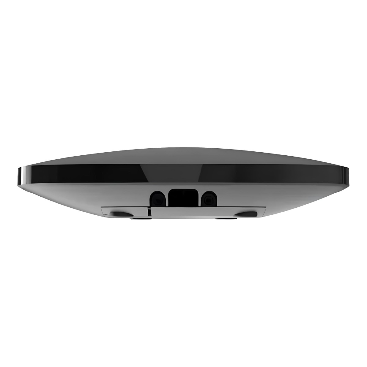 Vista inferiore di un dispositivo piatto e nero con porte.