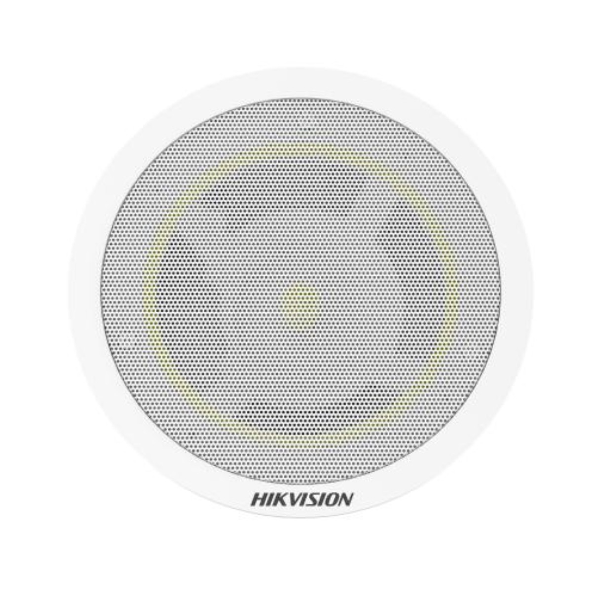HIKVISION logolu beyaz yuvarlak hoparlör.