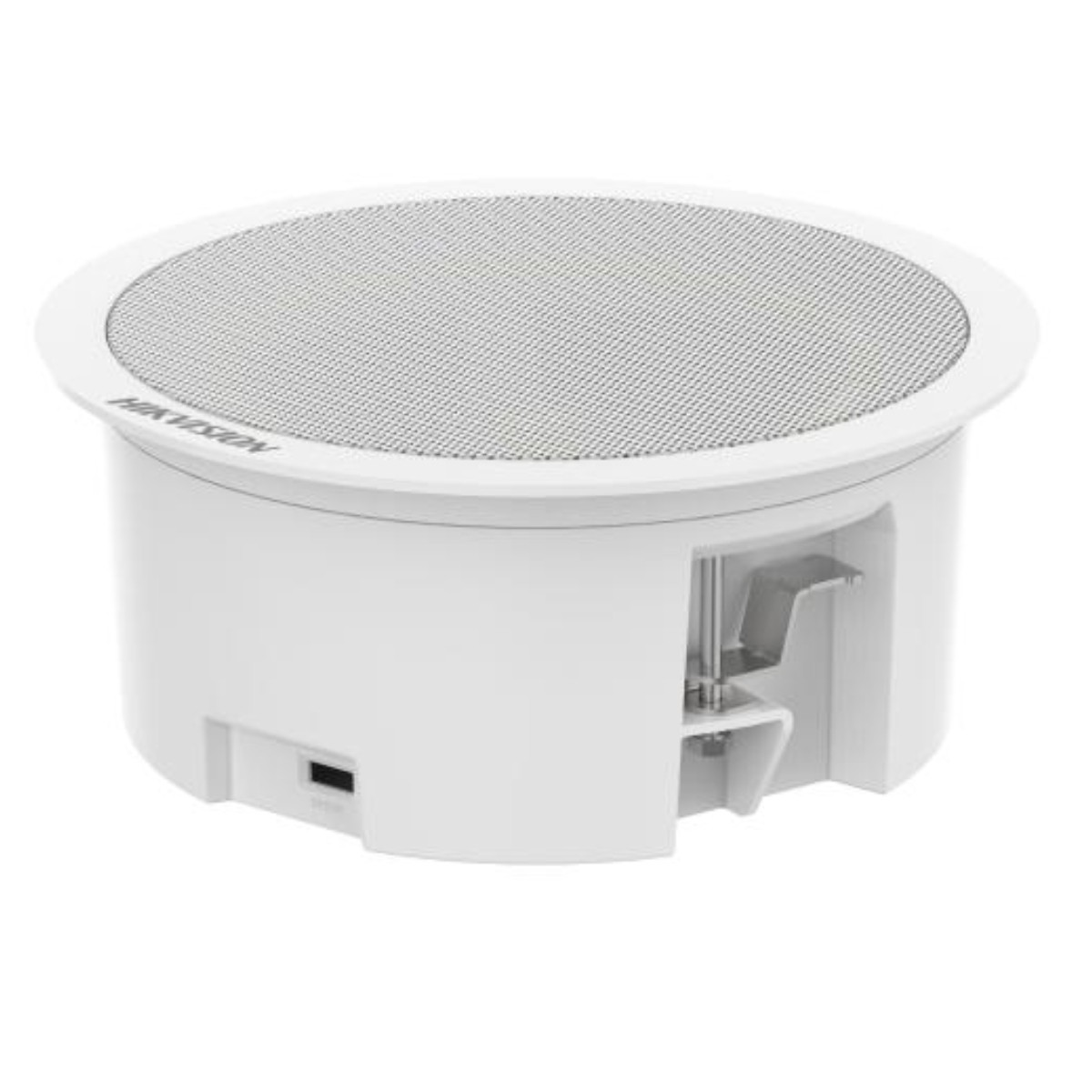Hikvision logosu ve metal ızgaralı beyaz tavan hoparlörü.