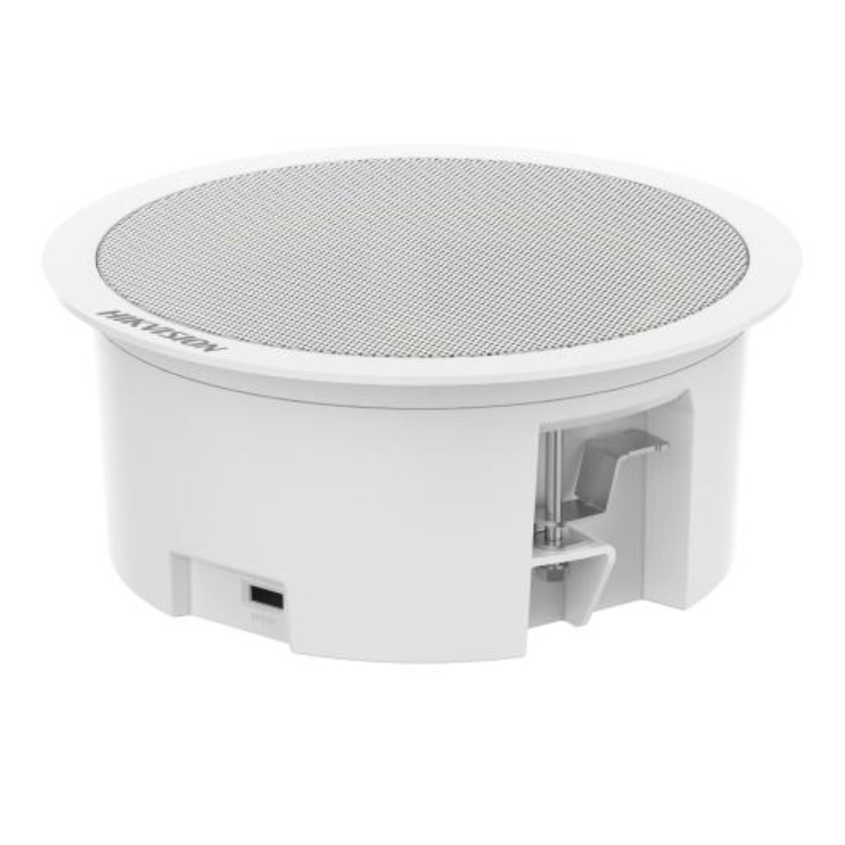 Üstte HIKVISION logosu ve metal ızgaralı beyaz tavan hoparlörü.